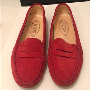 Tods red suede loafers